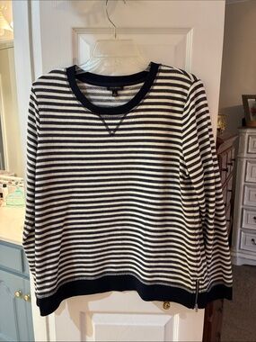 Talbots Navy Striped Textured Pullover Rib Trim Top SZ M